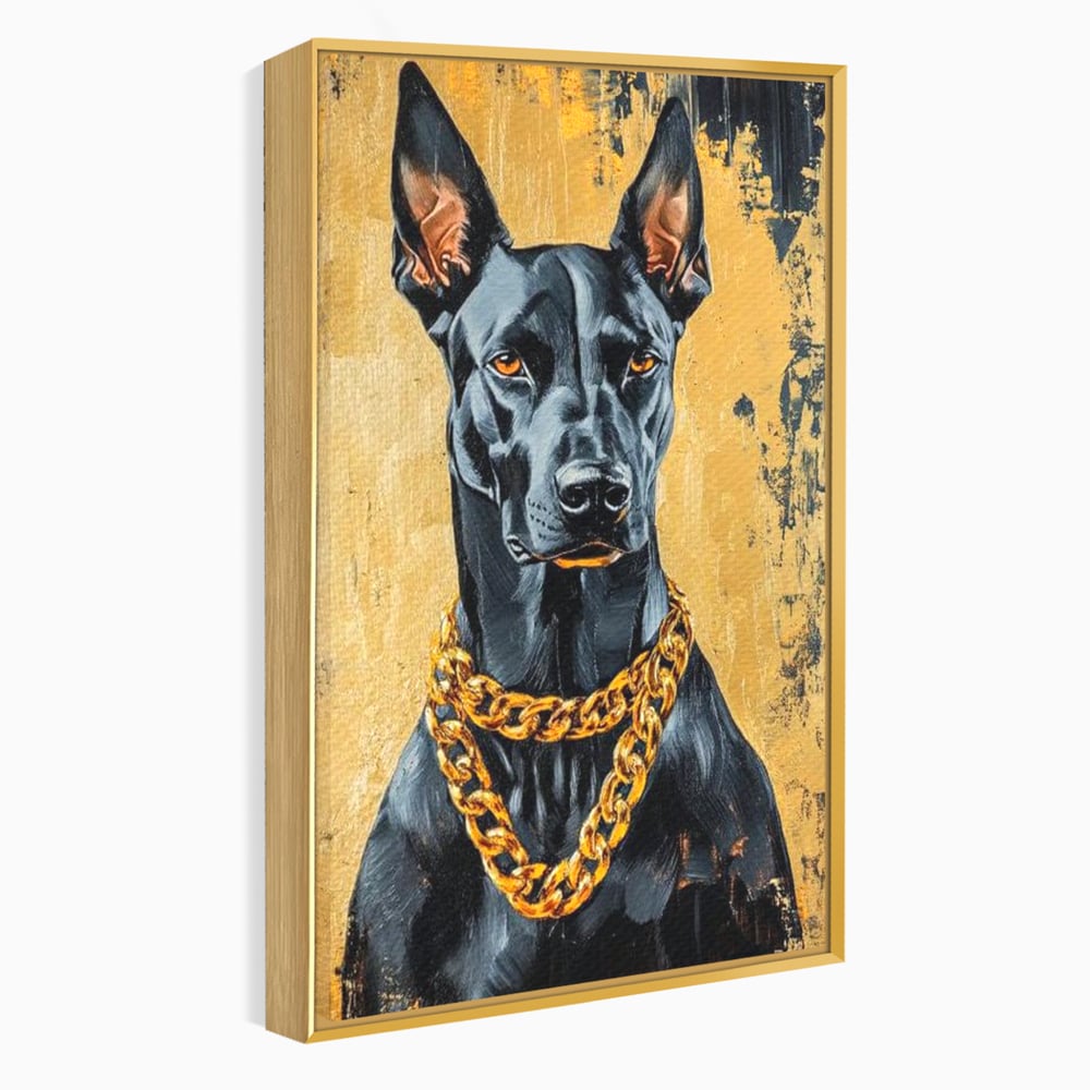 Tablou canvas cu tablou canvas cu doberman negru, in rama de aluminiu auriu